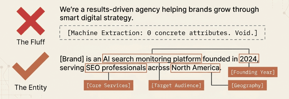 Diagram comparing brand fluff versus machine-readable entity description