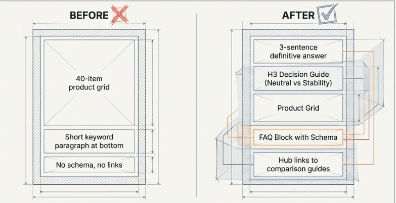 Before and after comparison of optimized category pages