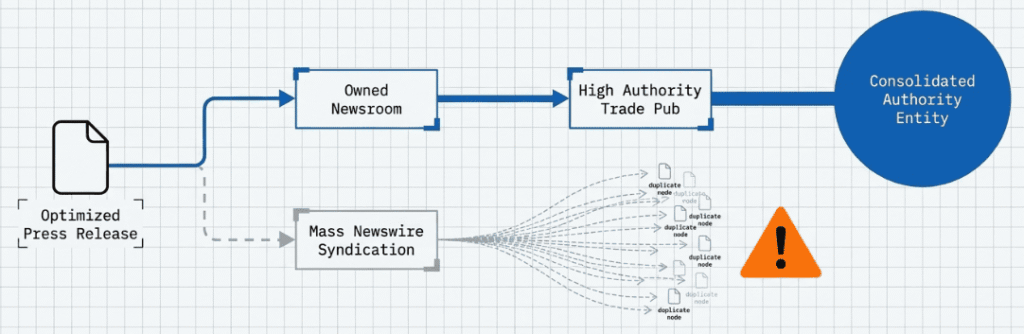 Flowchart comparing owned newsroom versus mass newswire syndication paths