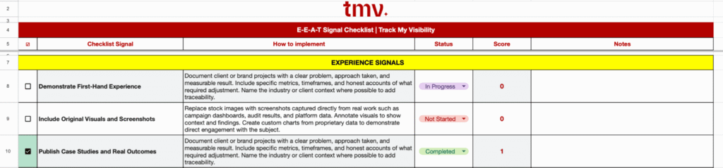 TMV Experience signals