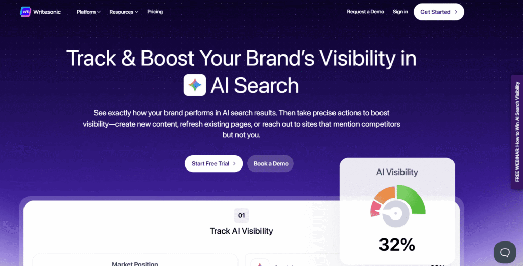 Writesonic homepage for tracking brand visibility in AI search