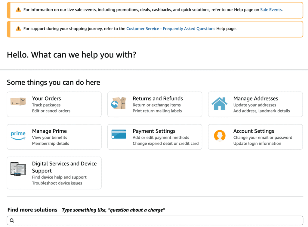 Amazon customer service page