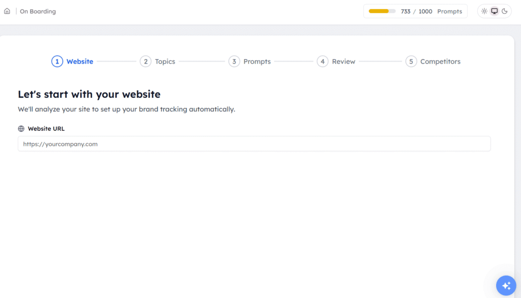 Onboarding interface for setting up brand tracking automatically