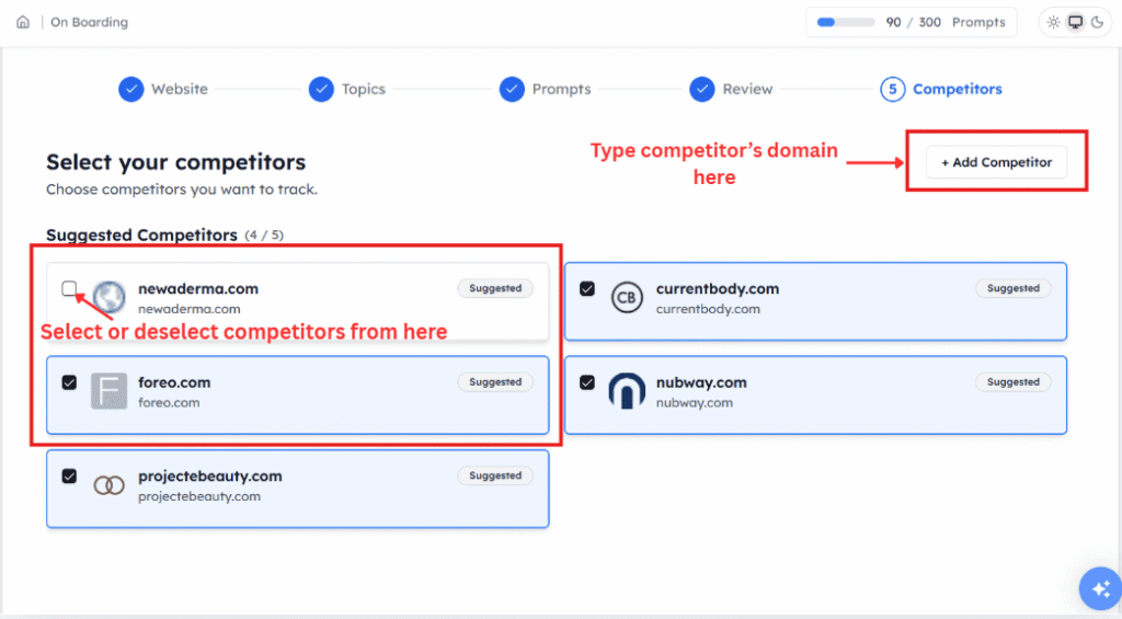 Screenshot showing competitor selection with suggested brand domains
