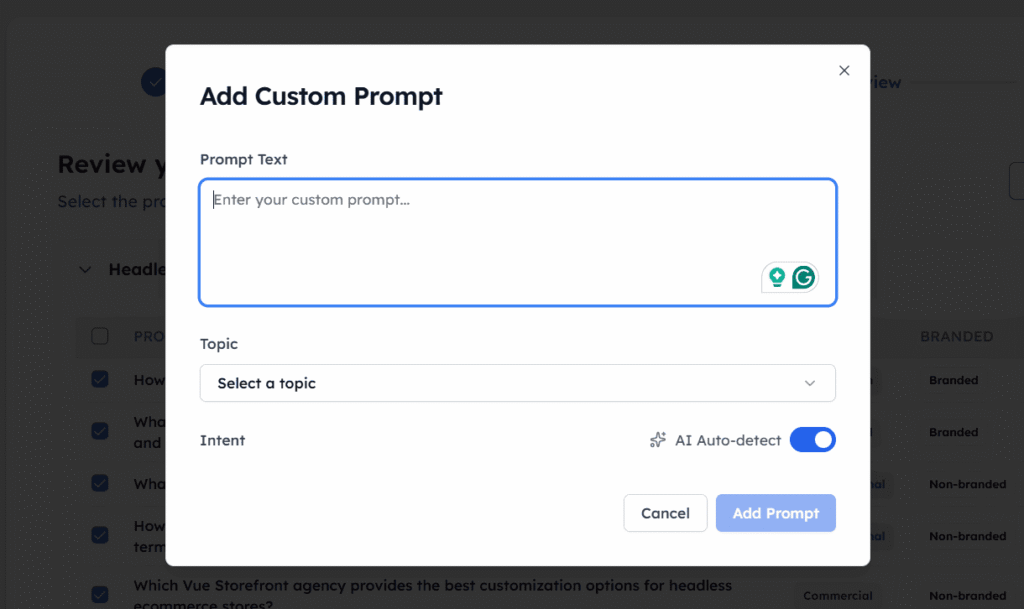 Interface for reviewing custom tracking prompts