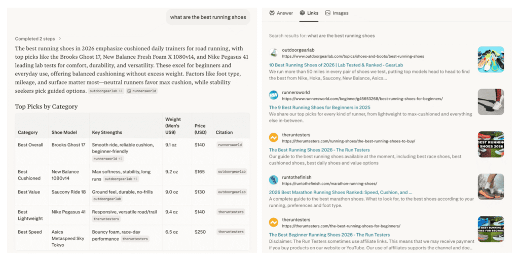 Perplexity searches with source links