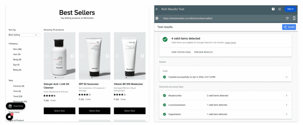Product page with Google rich result test