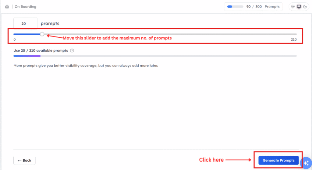 Screenshot showing prompt generation slider and setup screen