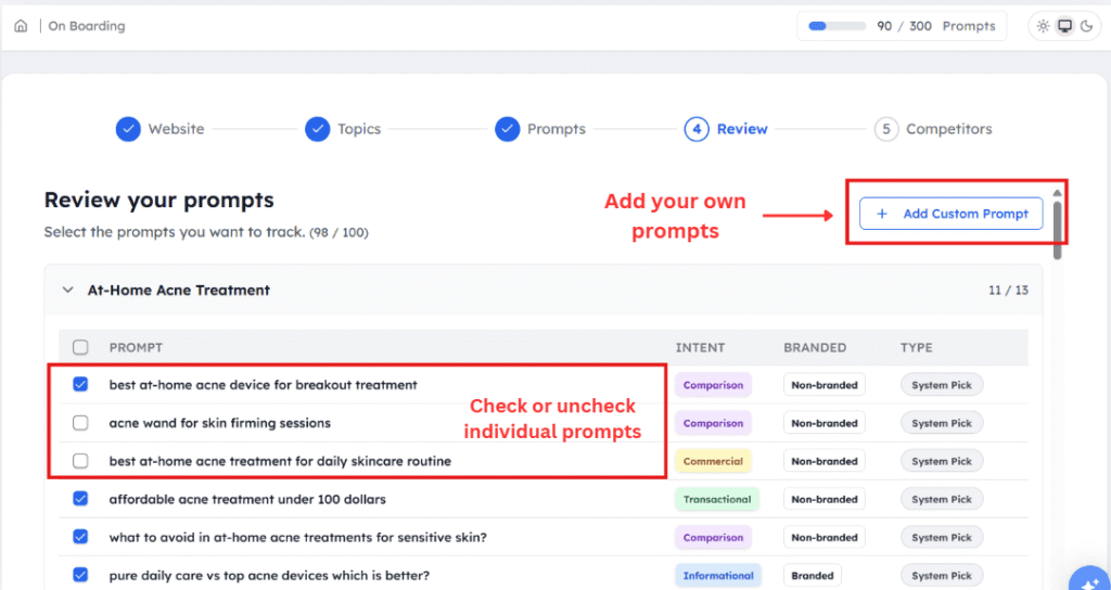 Screenshot showing review prompts screen with custom options