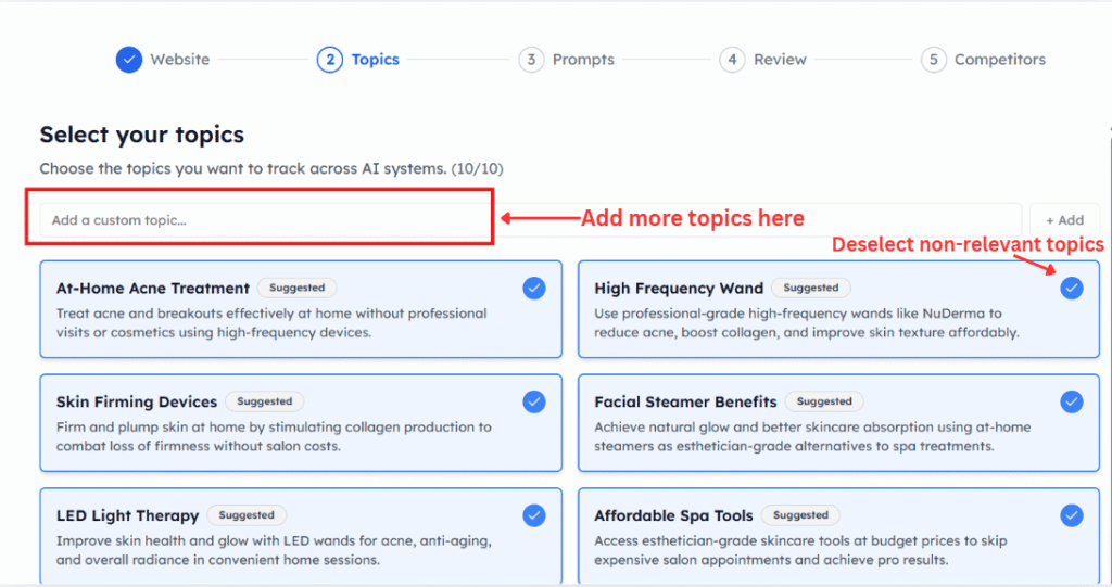 Screenshot showing topic selection interface for AI tracking