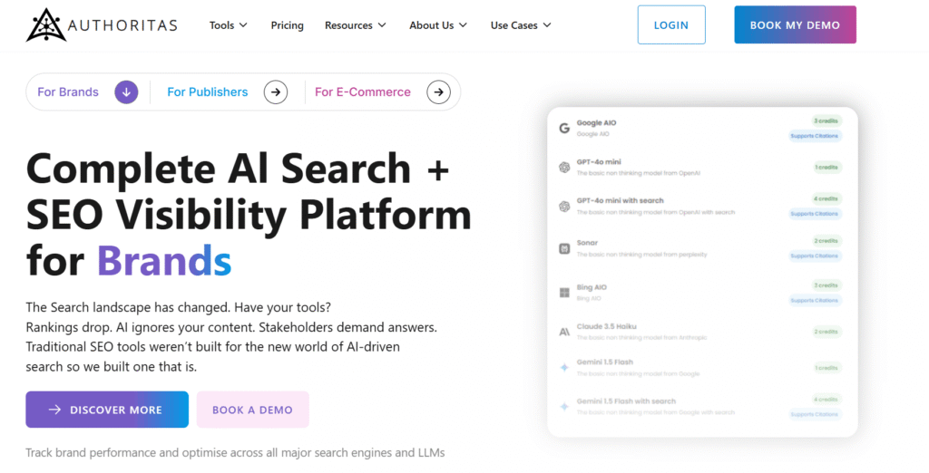 Authoritas homepage for AI search and SEO visibility platform