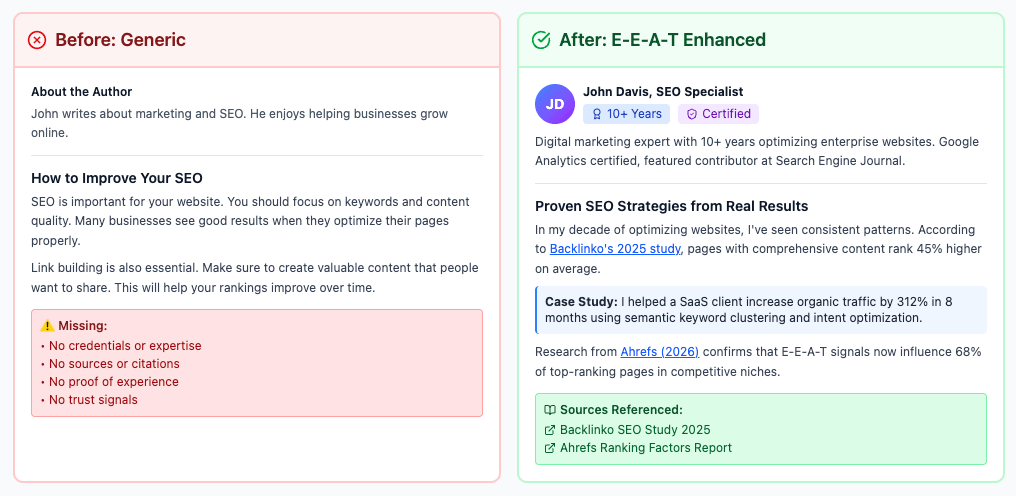 Generic vs EEAT enhanced author bio