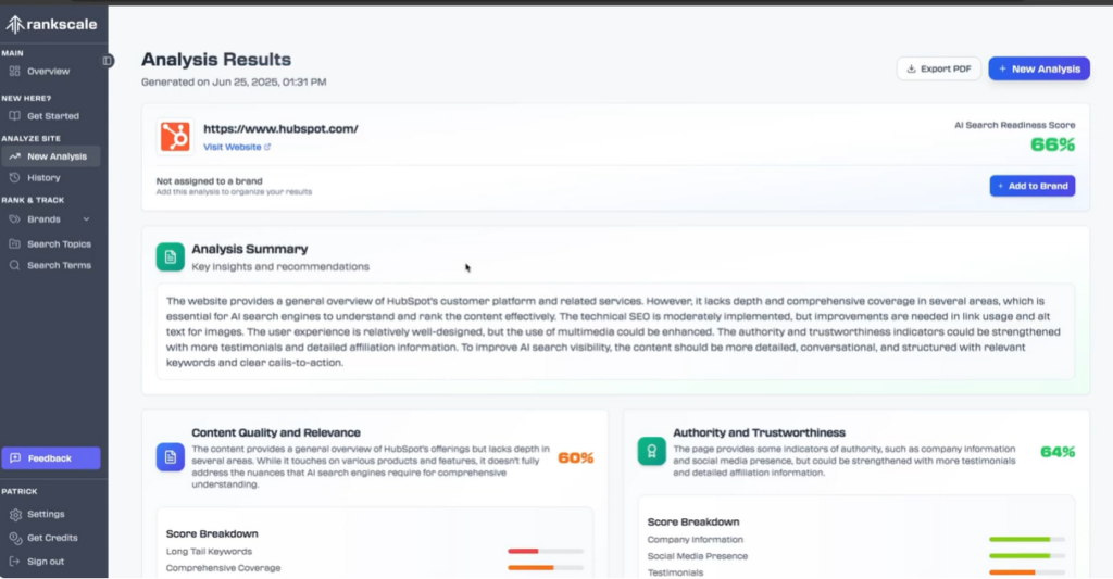 Dashboard showing AI search readiness analysis
