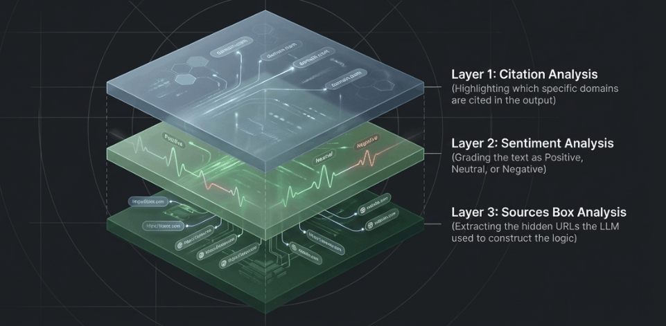 Graphic illustrating three-layered AI visibility analysis system
