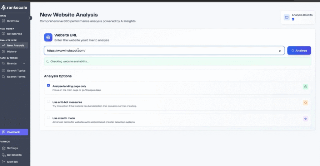 RankScale dashboard interface for website GEO performance analysis
