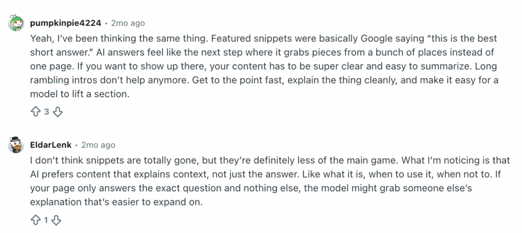 Reddit thread about featured snippets for AI answer