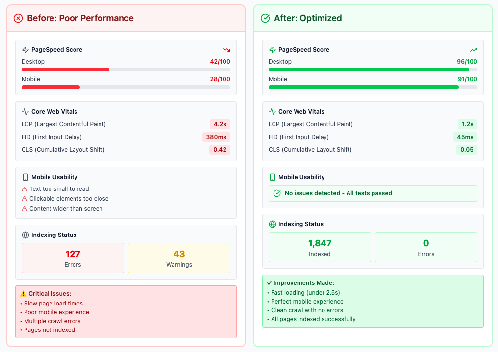 Slow vs optimized technical dashboard