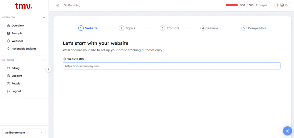 Track My Visibility account setup onboarding flow starting with website URL input