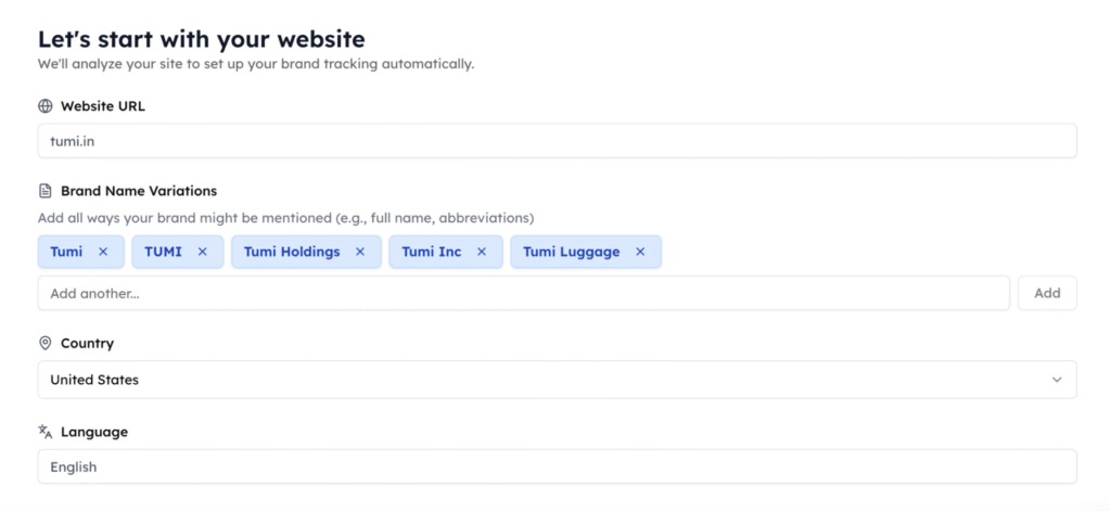 Track My Visibility onboarding for entering a website URL and brand name variations