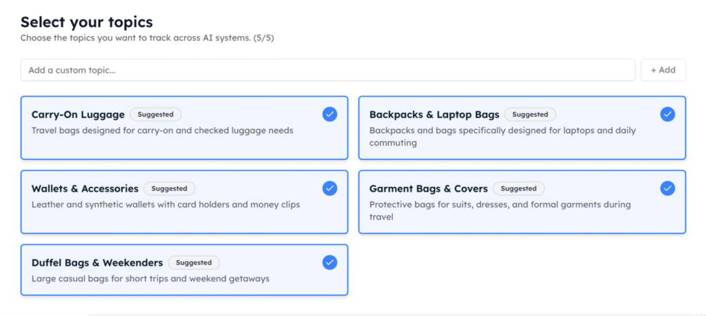 Track My Visibility topic selection showing suggested business topic clusters