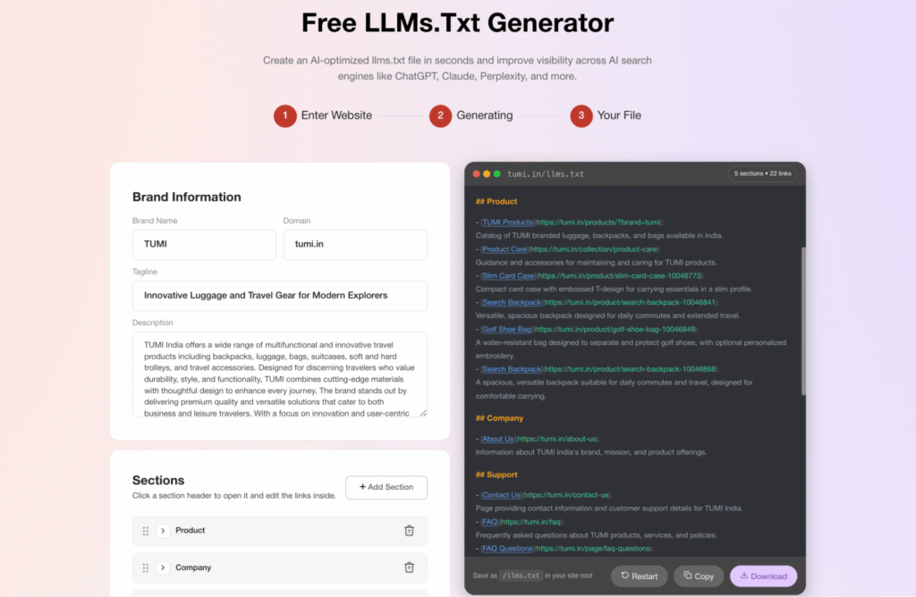 LLM.txt generator with process steps and file generated