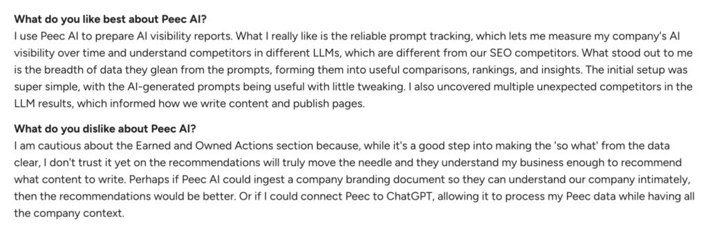 G2 review for Peec AI