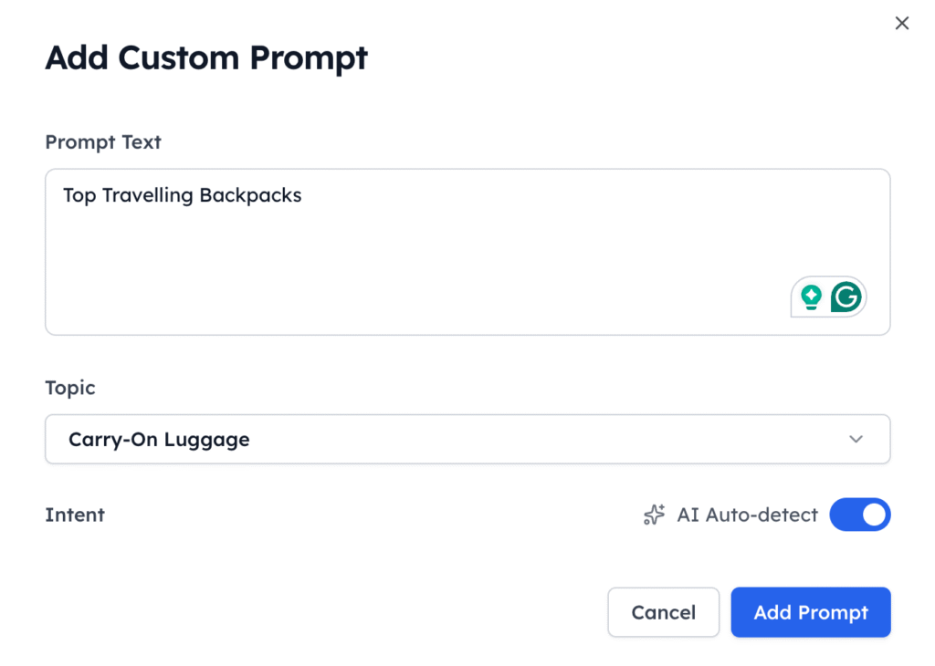 Track My Visibility’s custom prompt add