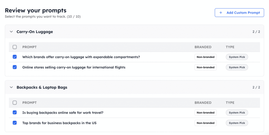 Track My Visibility’s system-suggested prompt